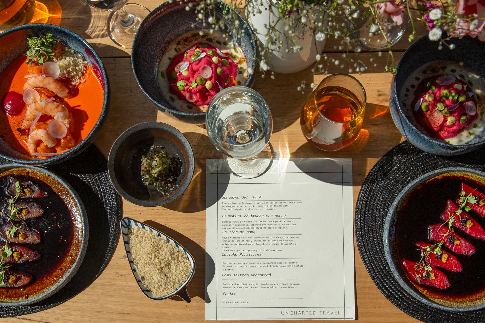 Overhead — the finished plates and the printed menu on the table